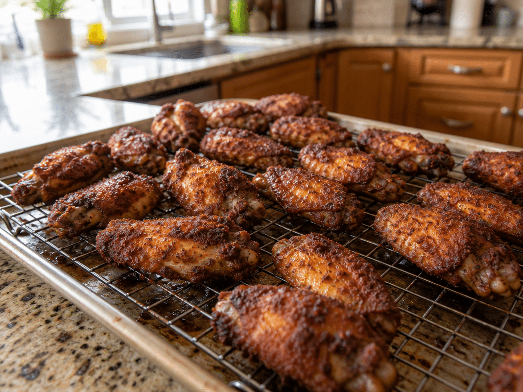 dry rub chicken wings on a wire rack — bestmarinades.com